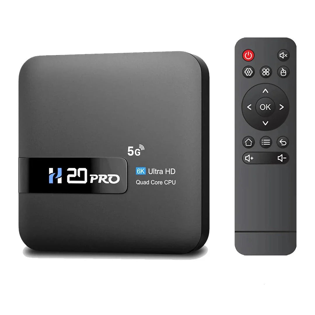H20PRO Smart Android TV Box with 4K, 16GB, dual-band Wi-Fi, and media player capabilities
