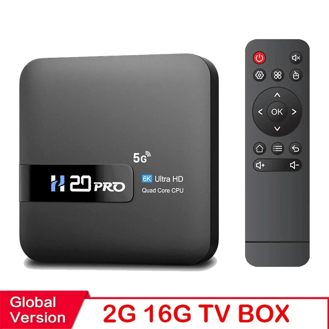H20PRO Smart Android TV Box with 4K, 16GB, dual-band Wi-Fi, and media player capabilities