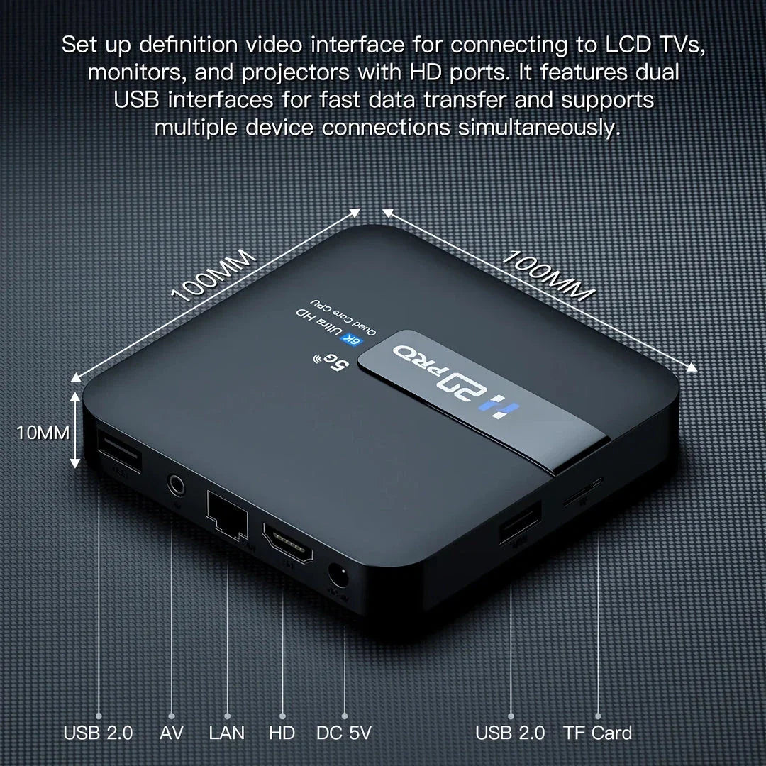 H20PRO Smart Android TV Box with 4K, 16GB, dual-band Wi-Fi, and media player capabilities