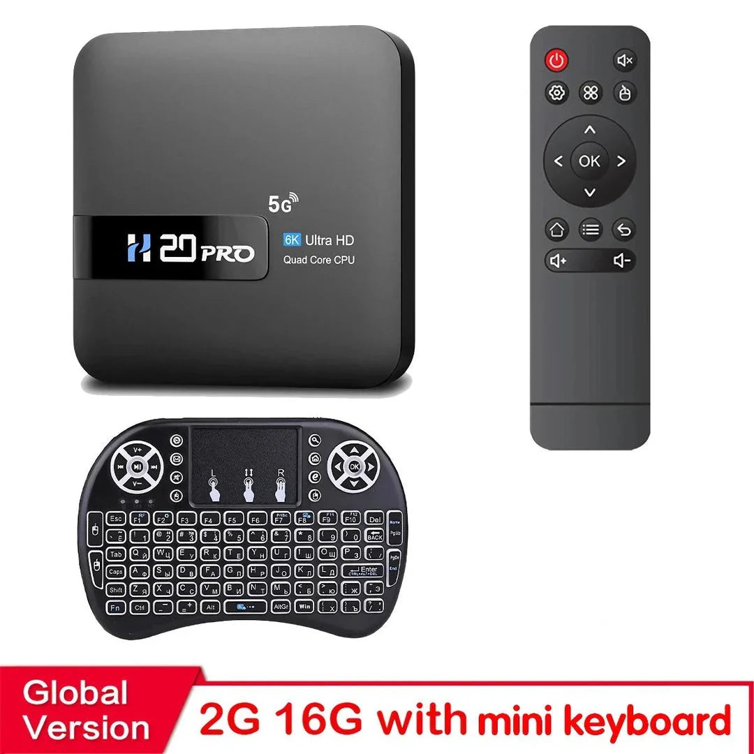 H20PRO Smart Android TV Box with 4K, 16GB, dual-band Wi-Fi, and media player capabilities