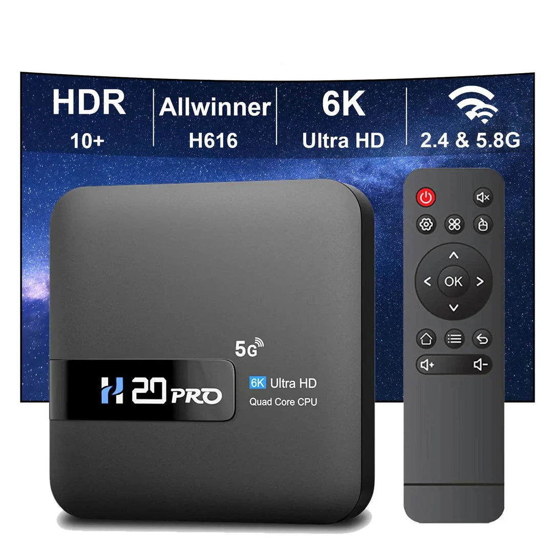 H20PRO Smart Android TV Box with 4K, 16GB, dual-band Wi-Fi, and media player capabilities