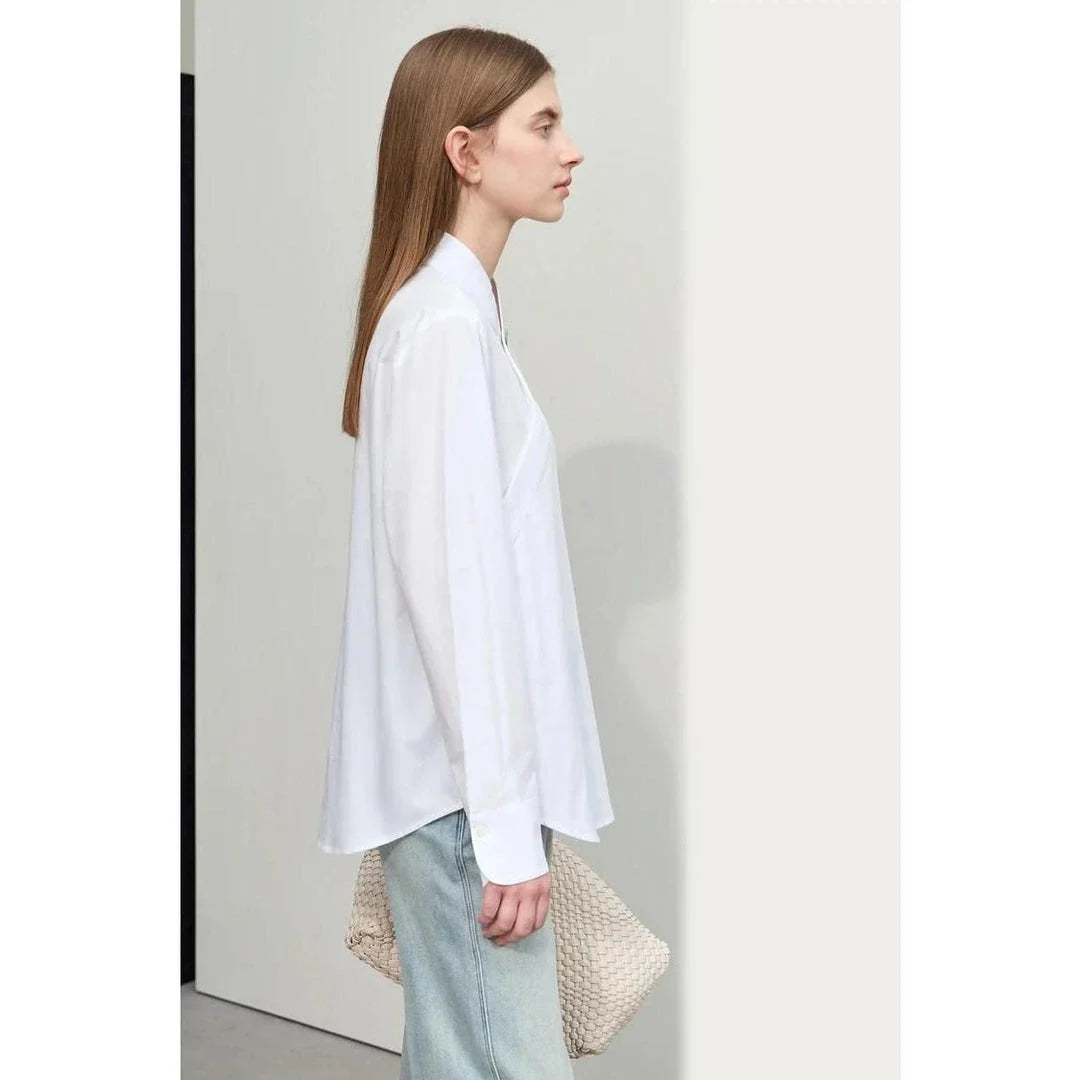 Elegant spring blouse with stand collar, floral pattern, and loose fit for women