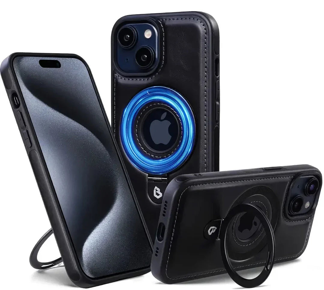 A premium MagSafe leather phone case with a ring holder and kickstand for iPhone 15, 14 Pro Max, and Plus models.