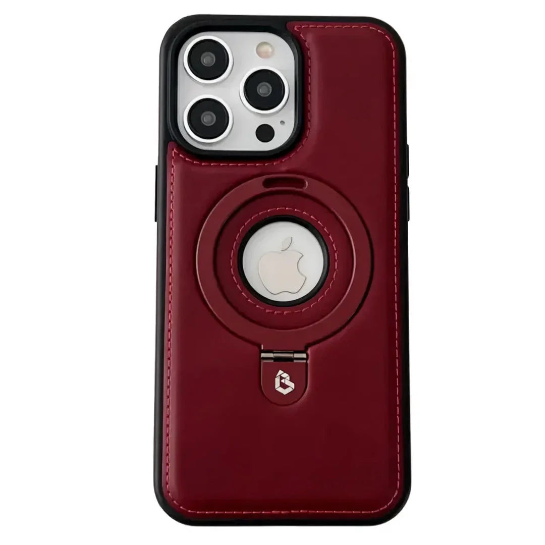 A premium MagSafe leather phone case with a ring holder and kickstand for iPhone 15, 14 Pro Max, and Plus models.