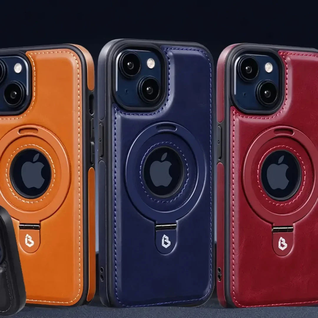 A premium MagSafe leather phone case with a ring holder and kickstand for iPhone 15, 14 Pro Max, and Plus models.