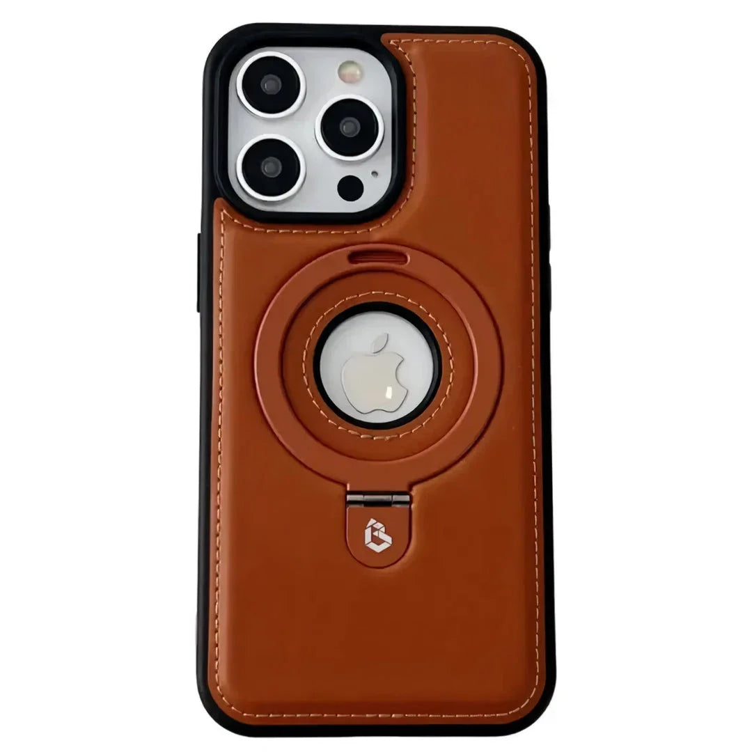 A premium MagSafe leather phone case with a ring holder and kickstand for iPhone 15, 14 Pro Max, and Plus models.