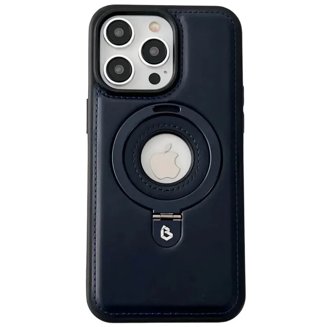A premium MagSafe leather phone case with a ring holder and kickstand for iPhone 15, 14 Pro Max, and Plus models.