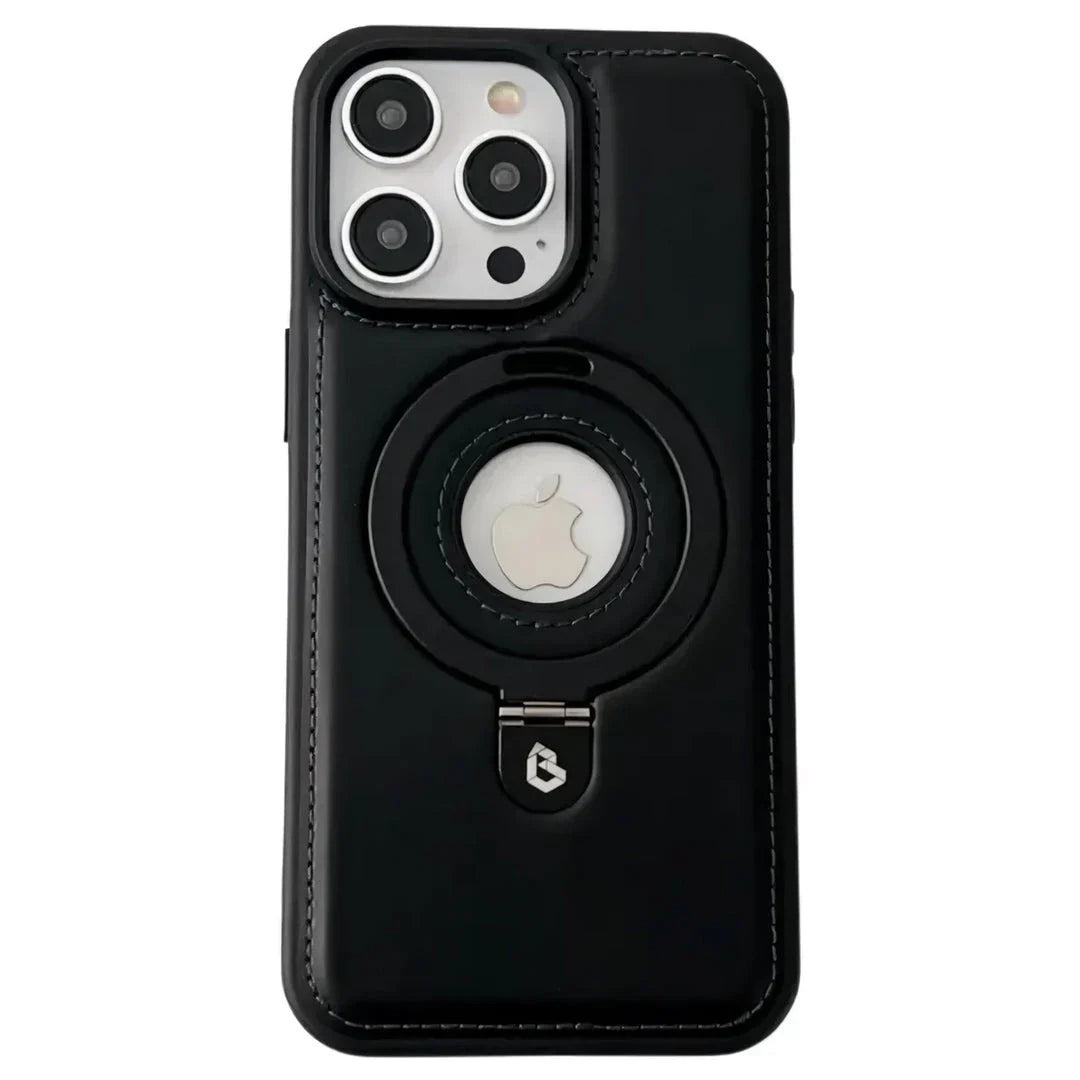 A premium MagSafe leather phone case with a ring holder and kickstand for iPhone 15, 14 Pro Max, and Plus models.