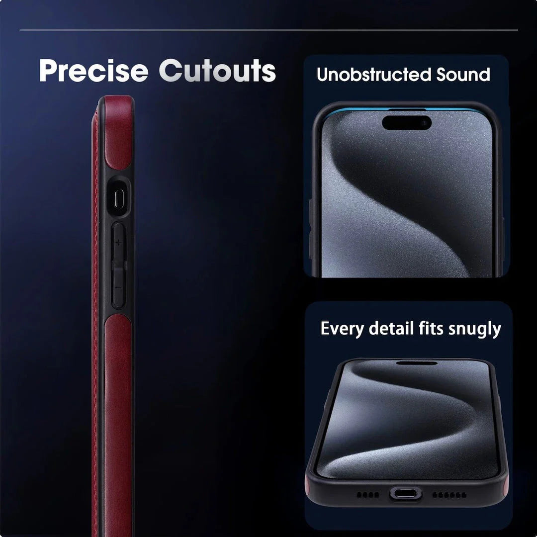 A premium MagSafe leather phone case with a ring holder and kickstand for iPhone 15, 14 Pro Max, and Plus models.