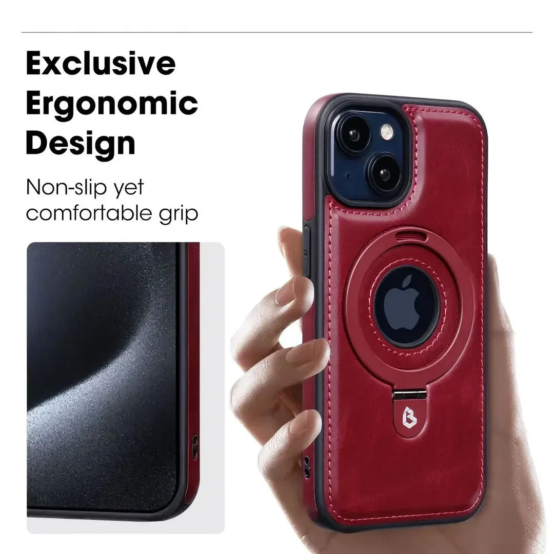 A premium MagSafe leather phone case with a ring holder and kickstand for iPhone 15, 14 Pro Max, and Plus models.