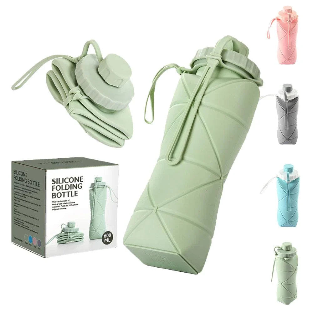 Folding silicone water bottle in various colours, perfect for outdoor activities like hiking, camping, and cycling
