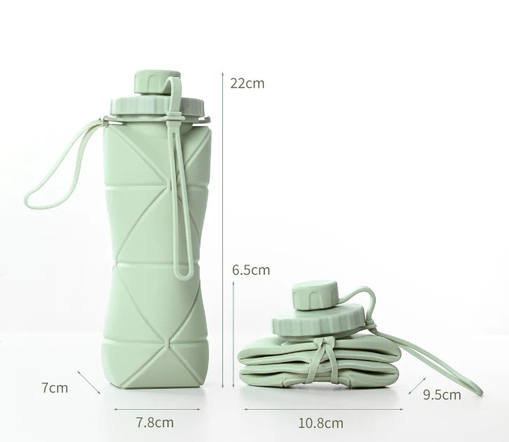 Folding silicone water bottle in various colours, perfect for outdoor activities like hiking, camping, and cycling