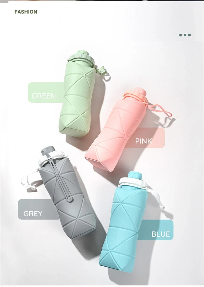 Folding silicone water bottle in various colours, perfect for outdoor activities like hiking, camping, and cycling