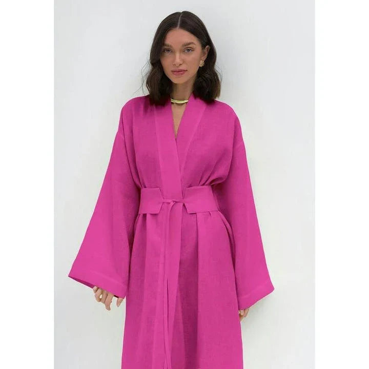 Elegant cotton linen long dress in green with a belt, showcasing a flattering A-line silhouette and full-length sleeves.