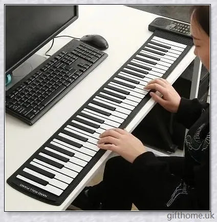 Portable electric piano with 88 or 61 keys, high-quality sound, and a compact, rollup design for easy transport