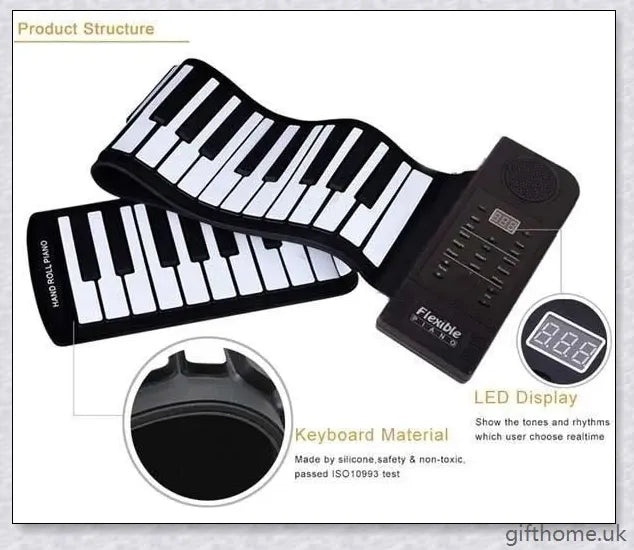 Portable electric piano with 88 or 61 keys, high-quality sound, and a compact, rollup design for easy transport