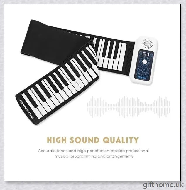 Portable electric piano with 88 or 61 keys, high-quality sound, and a compact, rollup design for easy transport