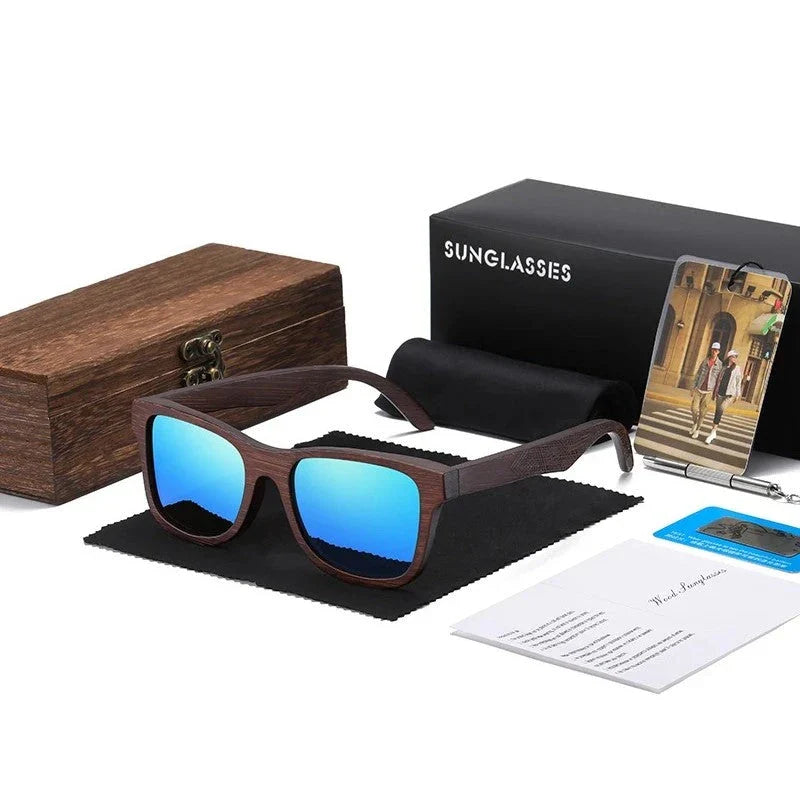 Natural bamboo wooden polarized sunglasses for men with multi-coated lenses and gift box