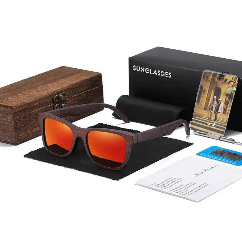 Natural bamboo wooden polarized sunglasses for men with multi-coated lenses and gift box