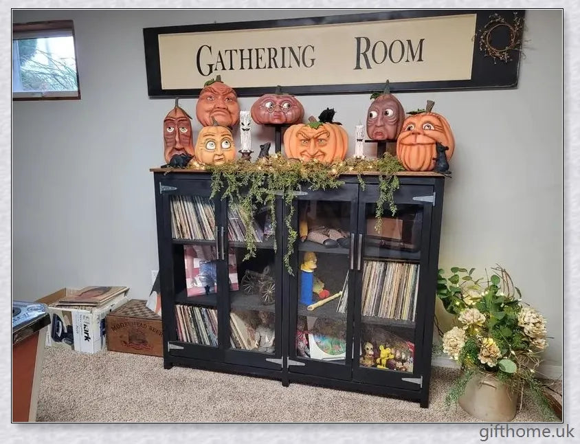 Whimsical and expressive Halloween pumpkin decorations made of durable resin, perfect for indoor and outdoor use.