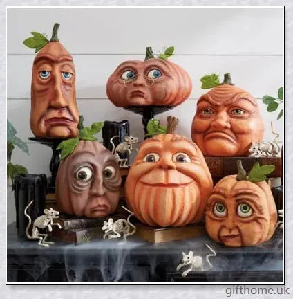 Whimsical and expressive Halloween pumpkin decorations made of durable resin, perfect for indoor and outdoor use.
