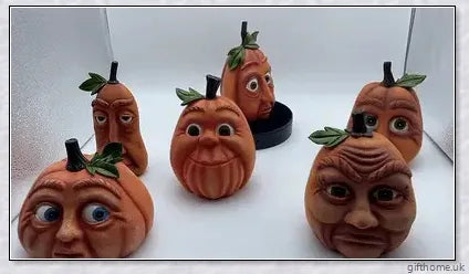 Whimsical and expressive Halloween pumpkin decorations made of durable resin, perfect for indoor and outdoor use.