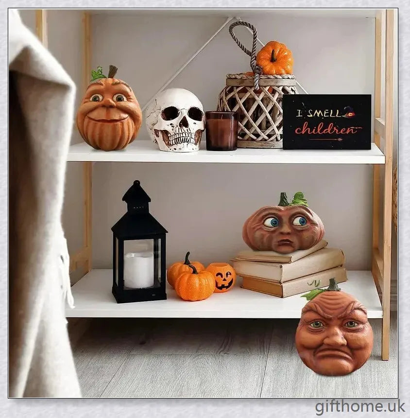 Whimsical and expressive Halloween pumpkin decorations made of durable resin, perfect for indoor and outdoor use.