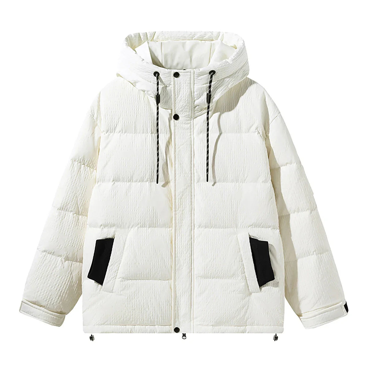 A cosy, black 90% white duck down jacket with a streamlined, modern design, perfect for navigating the ever-changing British weather.