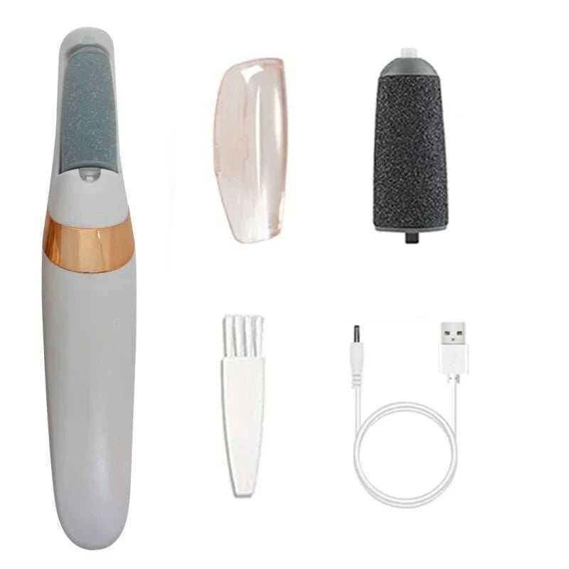 Portable, rechargeable electric foot file in grey, designed to remove dead skin and calluses for soft, smooth feet