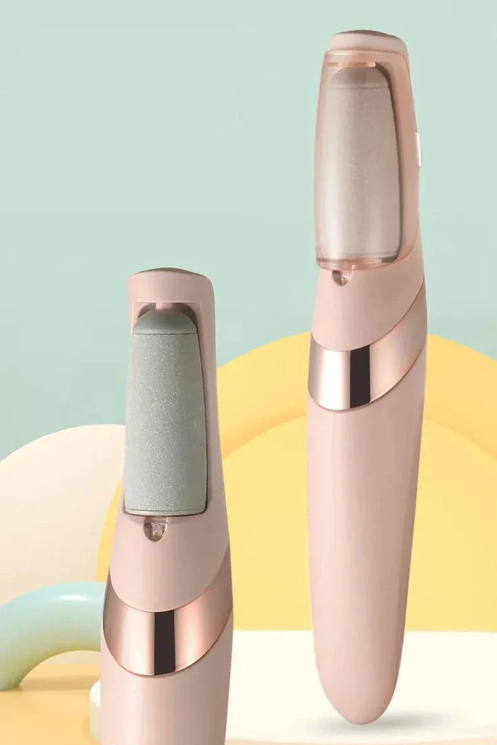 Portable, rechargeable electric foot file in grey, designed to remove dead skin and calluses for soft, smooth feet