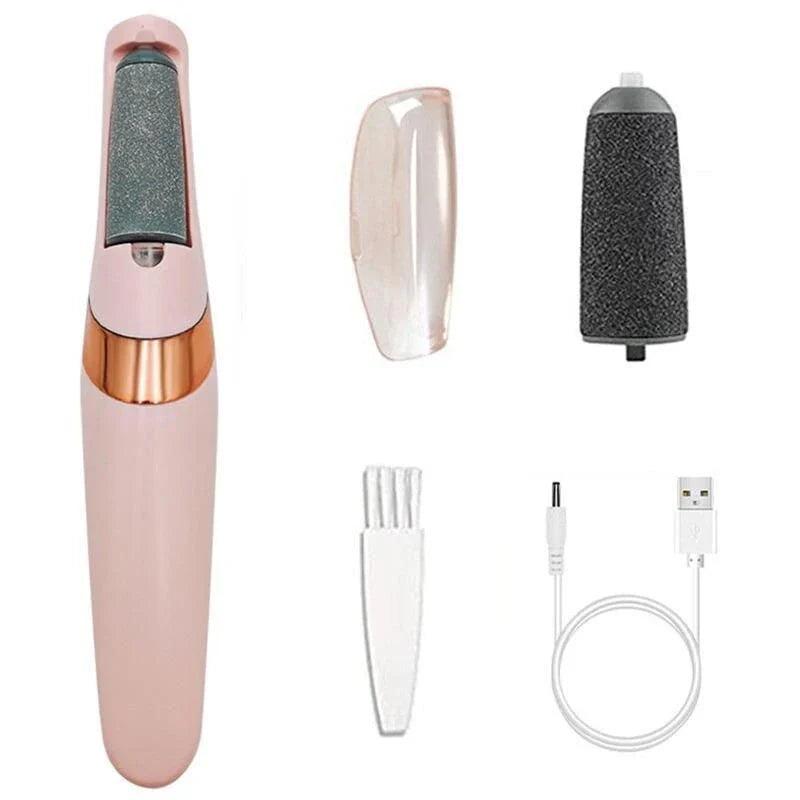 Portable, rechargeable electric foot file in grey, designed to remove dead skin and calluses for soft, smooth feet