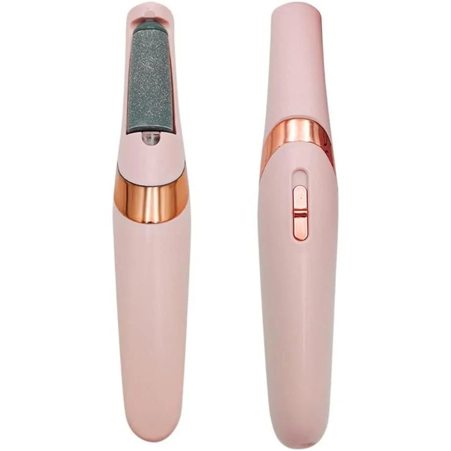 Portable, rechargeable electric foot file in grey, designed to remove dead skin and calluses for soft, smooth feet