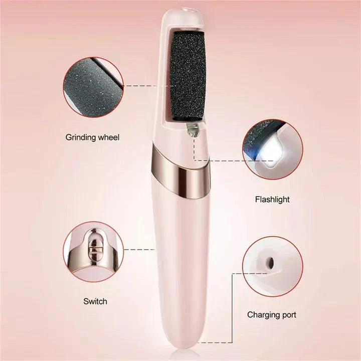 Portable, rechargeable electric foot file in grey, designed to remove dead skin and calluses for soft, smooth feet