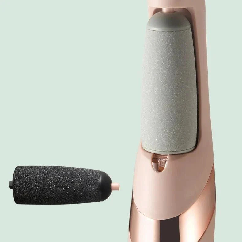 Portable, rechargeable electric foot file in grey, designed to remove dead skin and calluses for soft, smooth feet