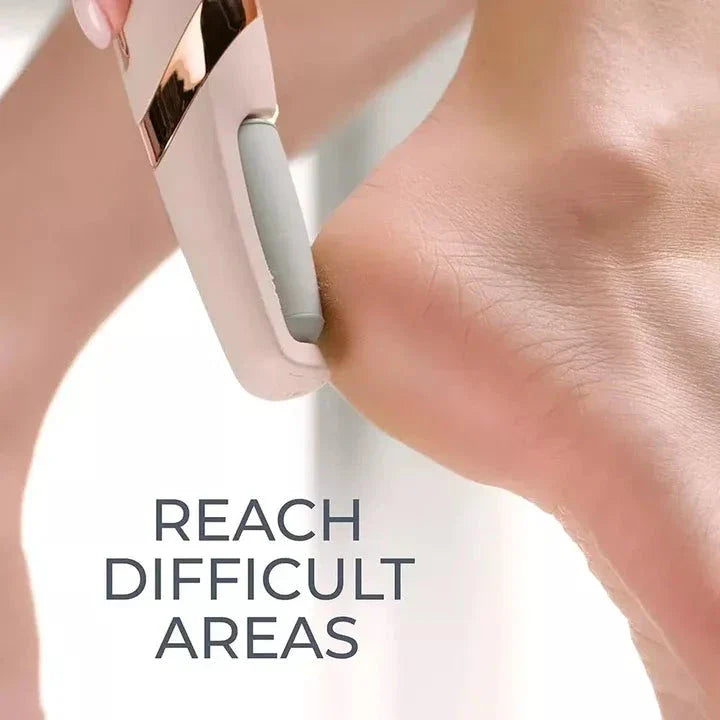 Portable, rechargeable electric foot file in grey, designed to remove dead skin and calluses for soft, smooth feet
