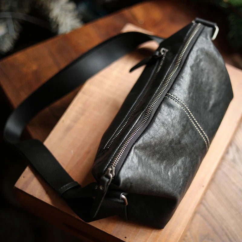 Premium light casual men's leather shoulder messenger bag with zipper closure and single strap