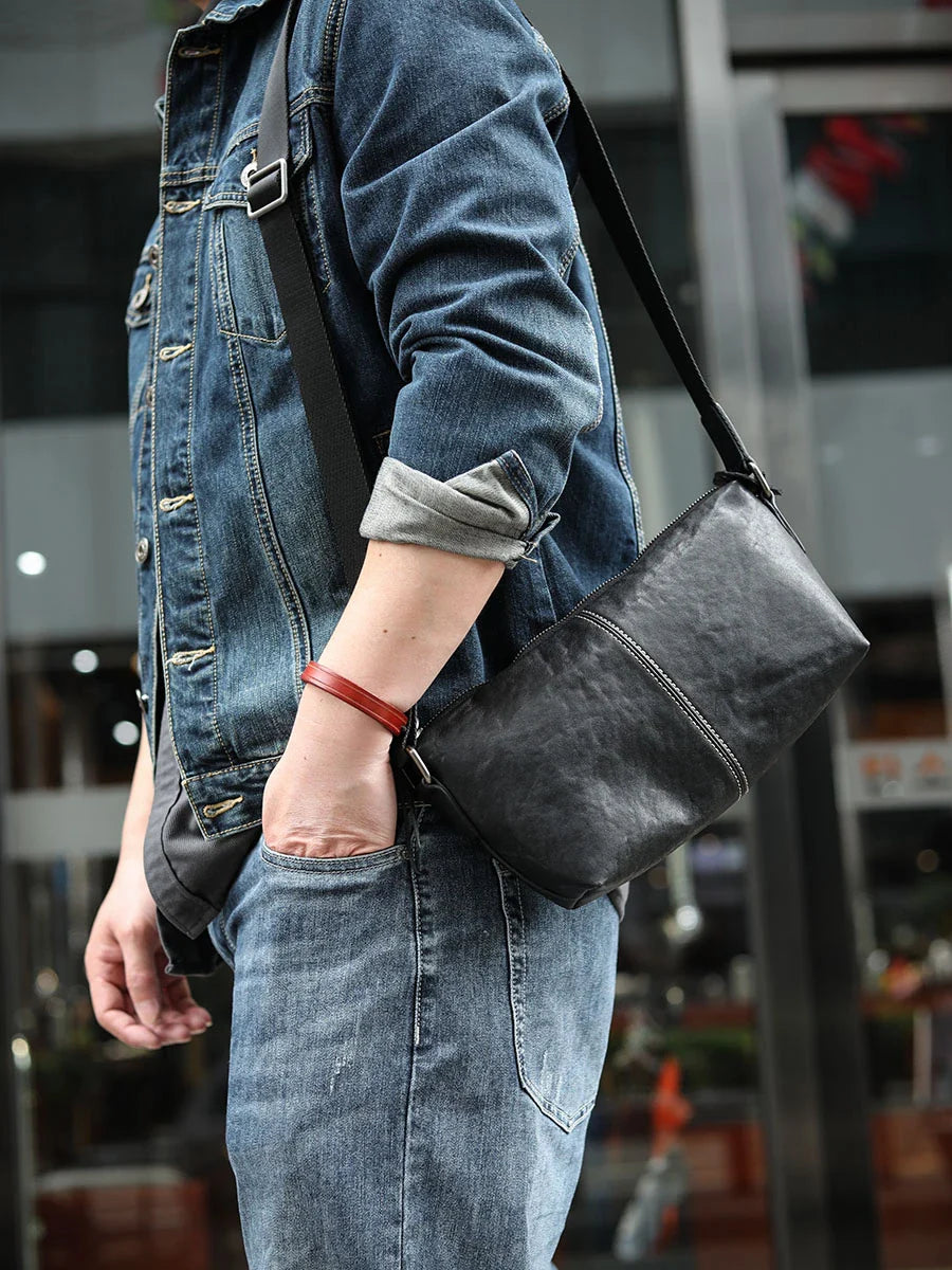 Premium light casual men's leather shoulder messenger bag with zipper closure and single strap