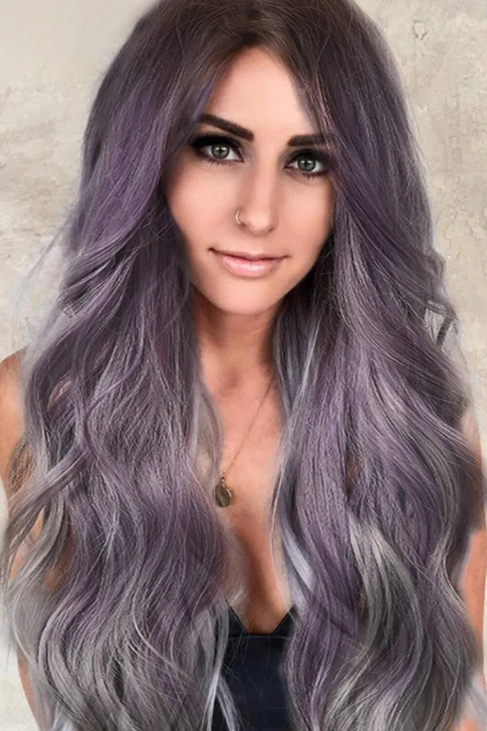 Elegant wave full-machine synthetic wig in a stunning purple and grey ombré colour, with a 26-inch length for a dramatic, full-bodied style.