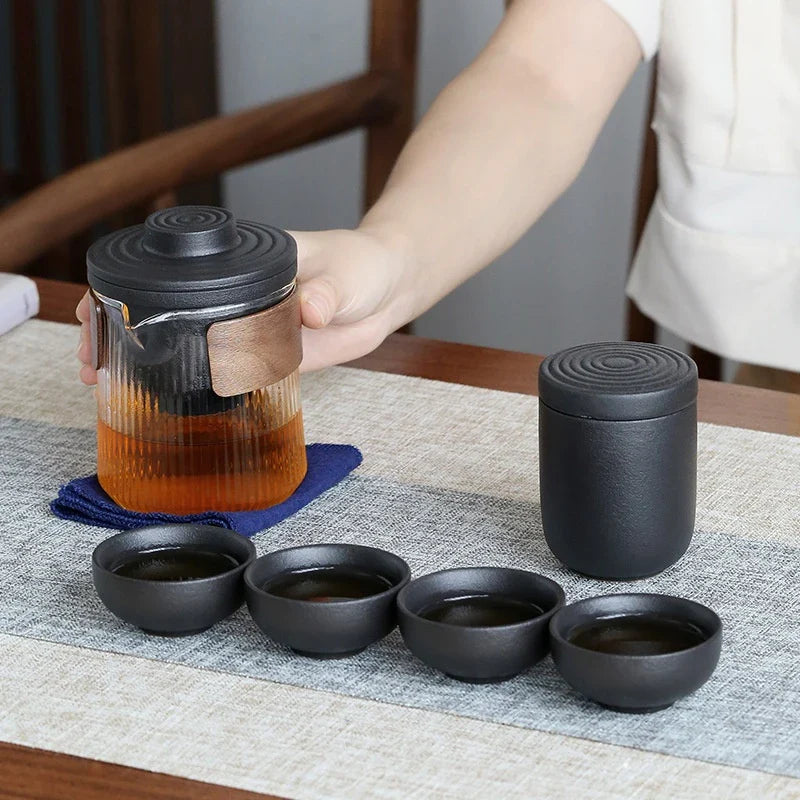 Portable Travel Tea Set Mini Set with Ceramic Teapot and Four Cups in Zen Black and Dark Green Colours