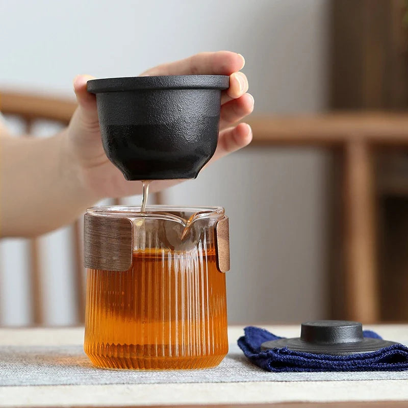 Portable Travel Tea Set Mini Set with Ceramic Teapot and Four Cups in Zen Black and Dark Green Colours