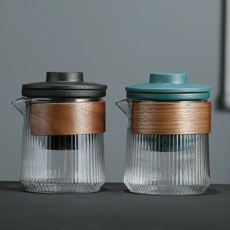 Portable Travel Tea Set Mini Set with Ceramic Teapot and Four Cups in Zen Black and Dark Green Colours