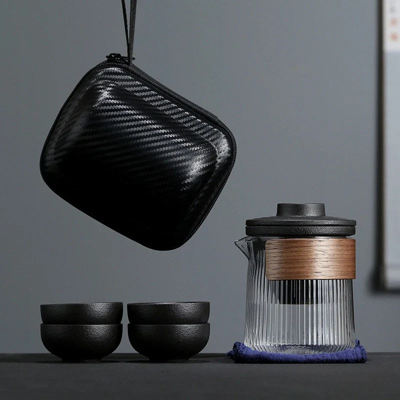 Portable Travel Tea Set Mini Set with Ceramic Teapot and Four Cups in Zen Black and Dark Green Colours