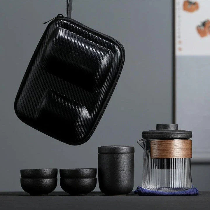 Portable Travel Tea Set Mini Set with Ceramic Teapot and Four Cups in Zen Black and Dark Green Colours