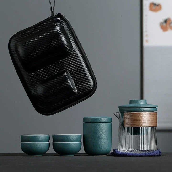 Portable Travel Tea Set Mini Set with Ceramic Teapot and Four Cups in Zen Black and Dark Green Colours