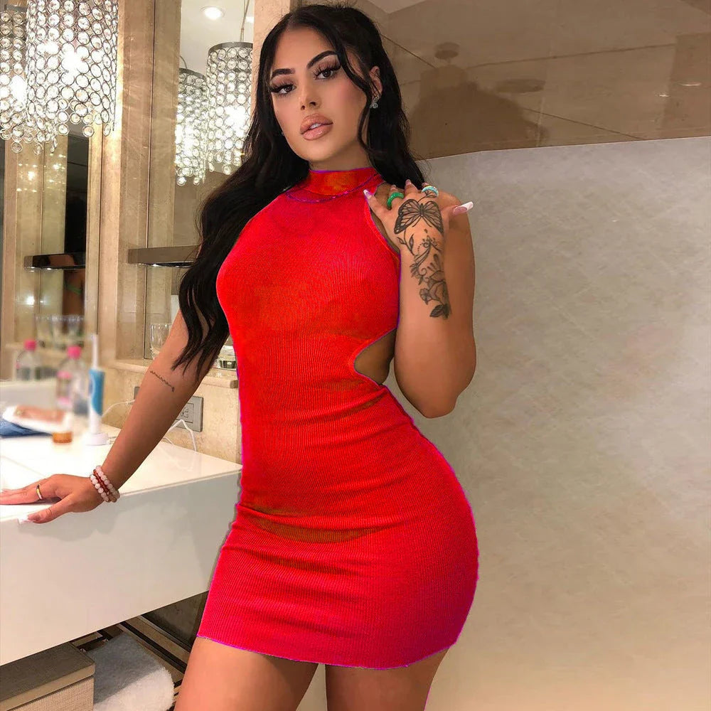 Elegant high neck cocktail dress with unique wrapped back design, available in various colors and sizes