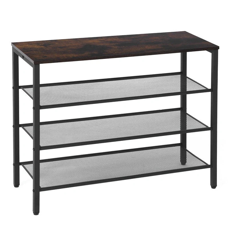 4-tier rustic wooden shoe rack with coat hook and grid design for hallway storage
