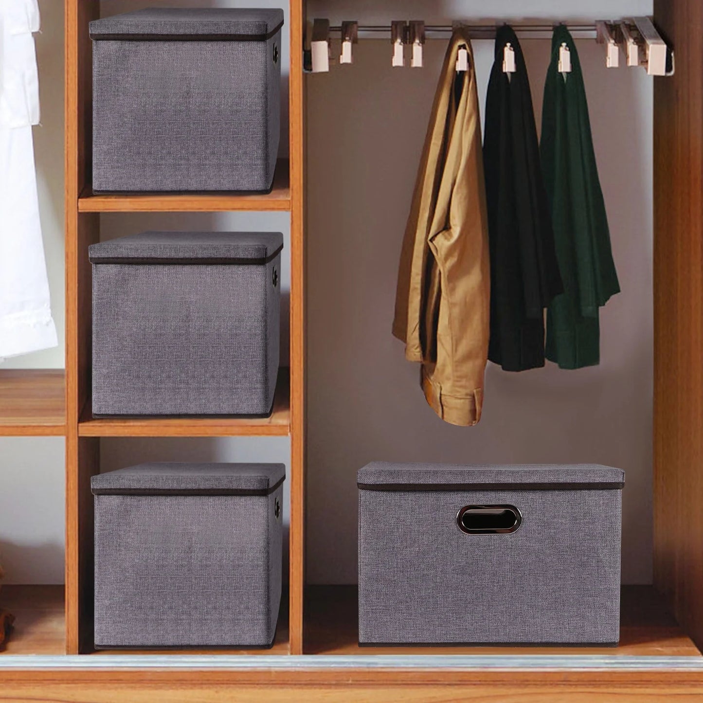 Large folding storage box set in cotton and linen, 44x30x30cm, grey colour