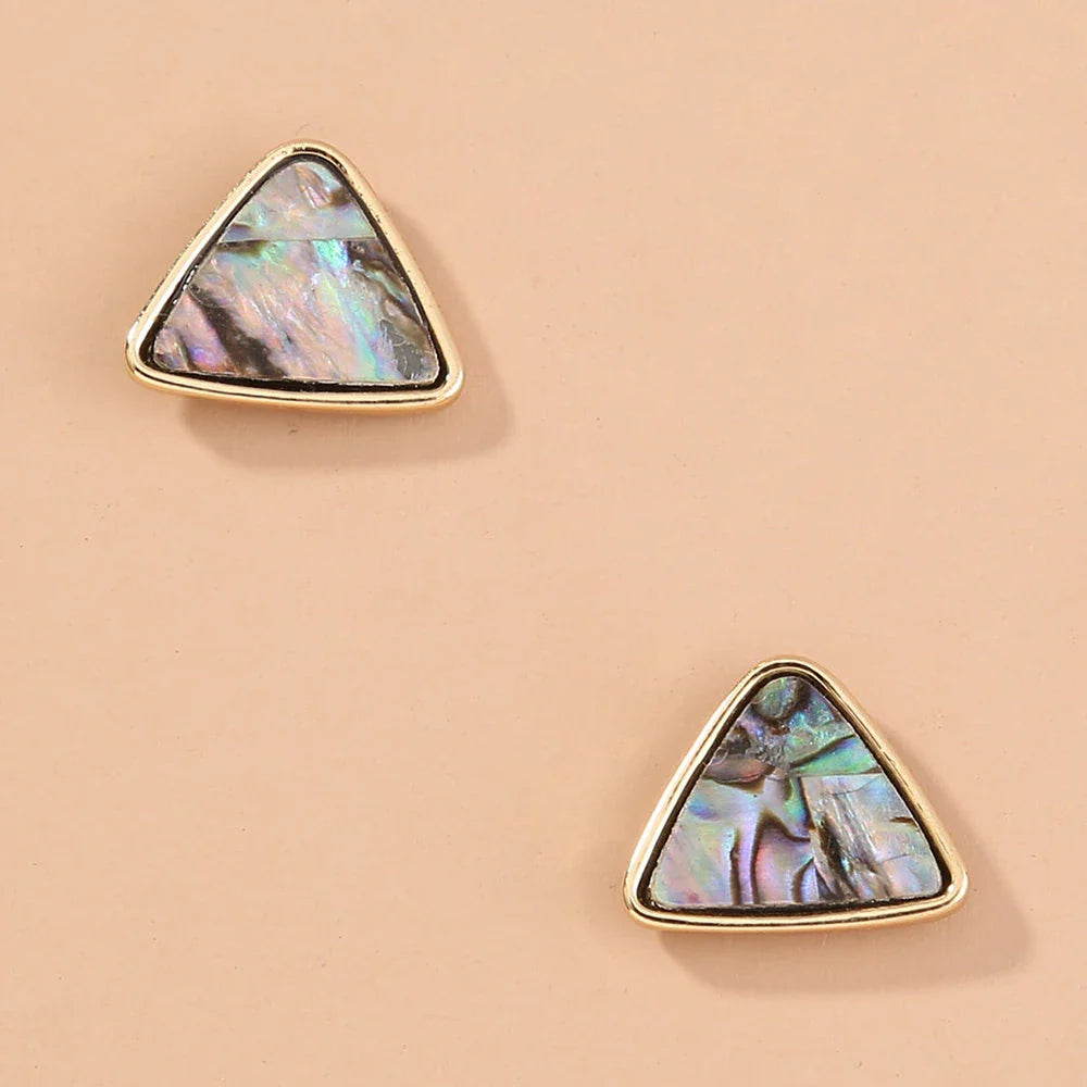 Triangular Abalone Shell Stud Earrings with Iridescent Patterns and Modern Design