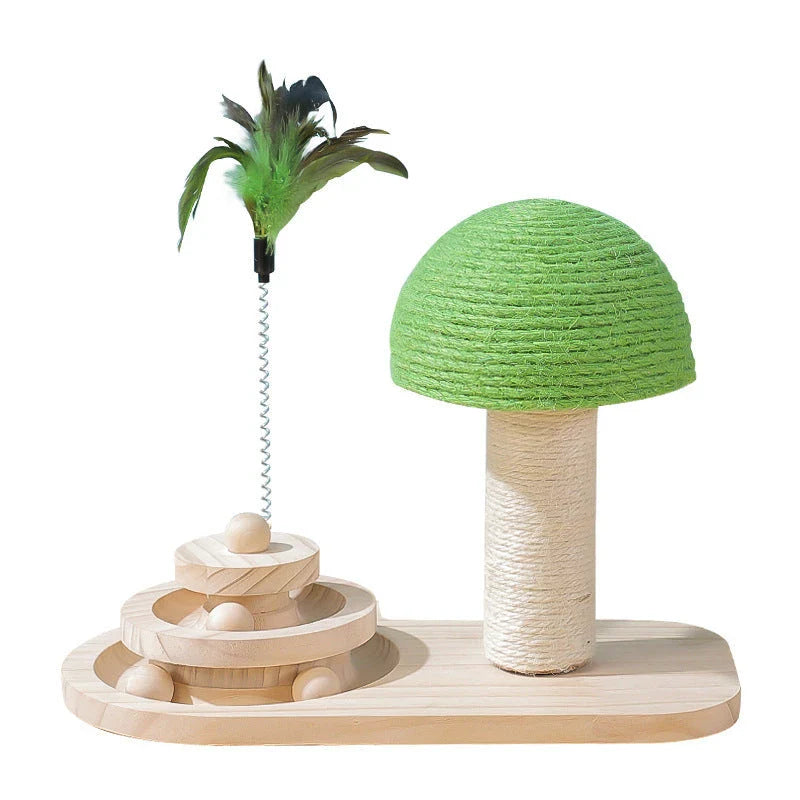 Solid wood cat furniture with scratch post and interactive ball toy for active play and relaxation