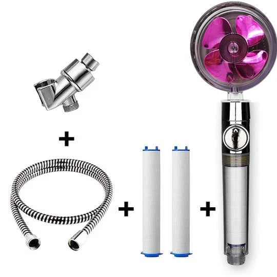 A high-pressure shower head with a stop button, cotton filter, and powerful water pressure for a luxurious bathing experience.